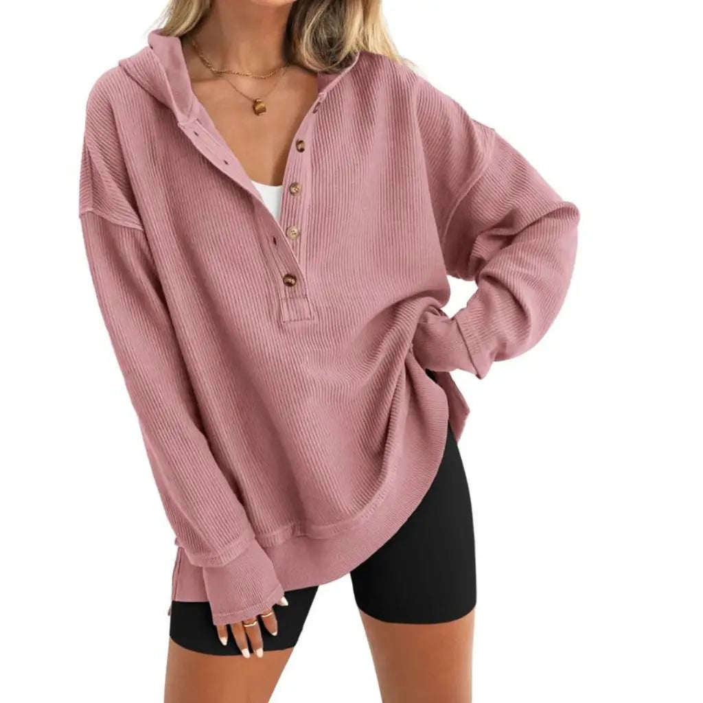 Adorella™ Oversized V-Neck Button-Up Sweatshirt