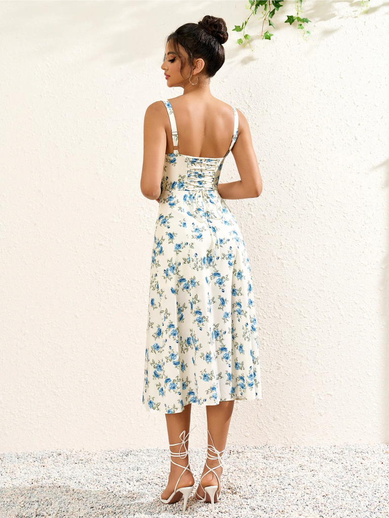 Floral Ruched Bust Split Thigh Cami Dress
