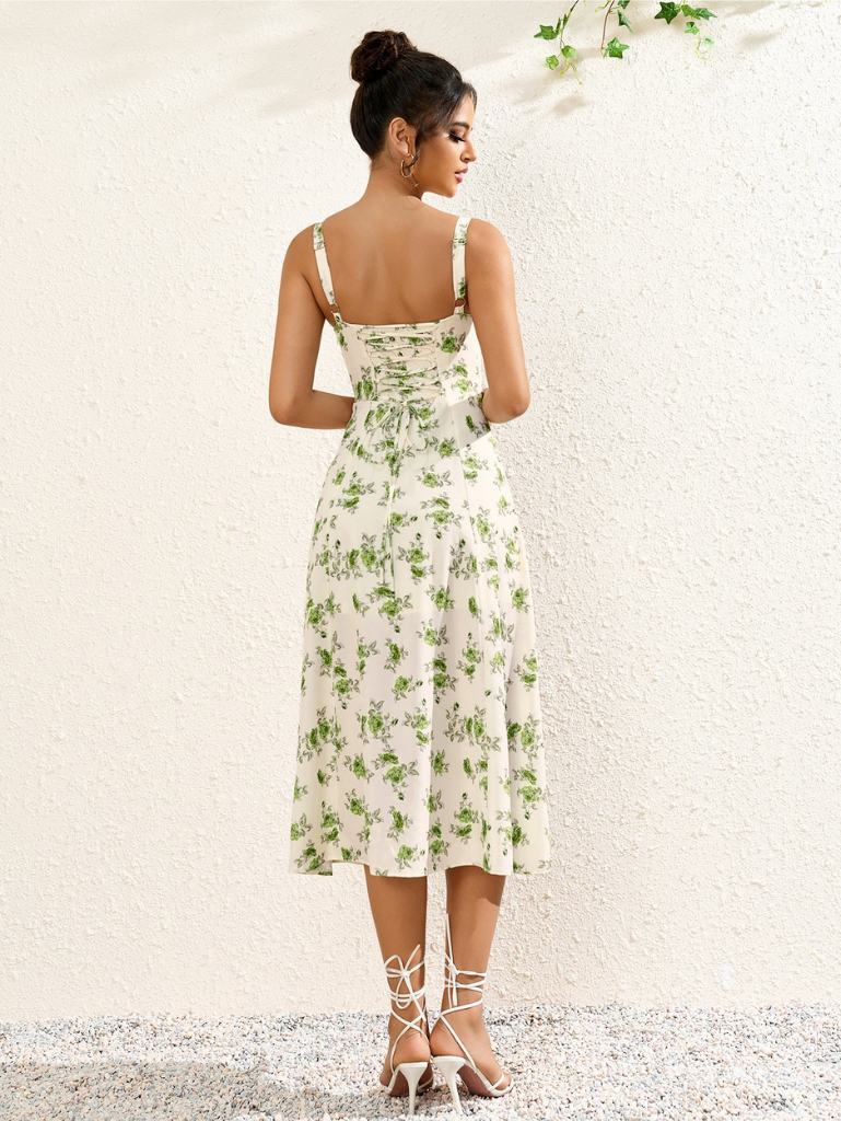 Floral Ruched Bust Split Thigh Cami Dress