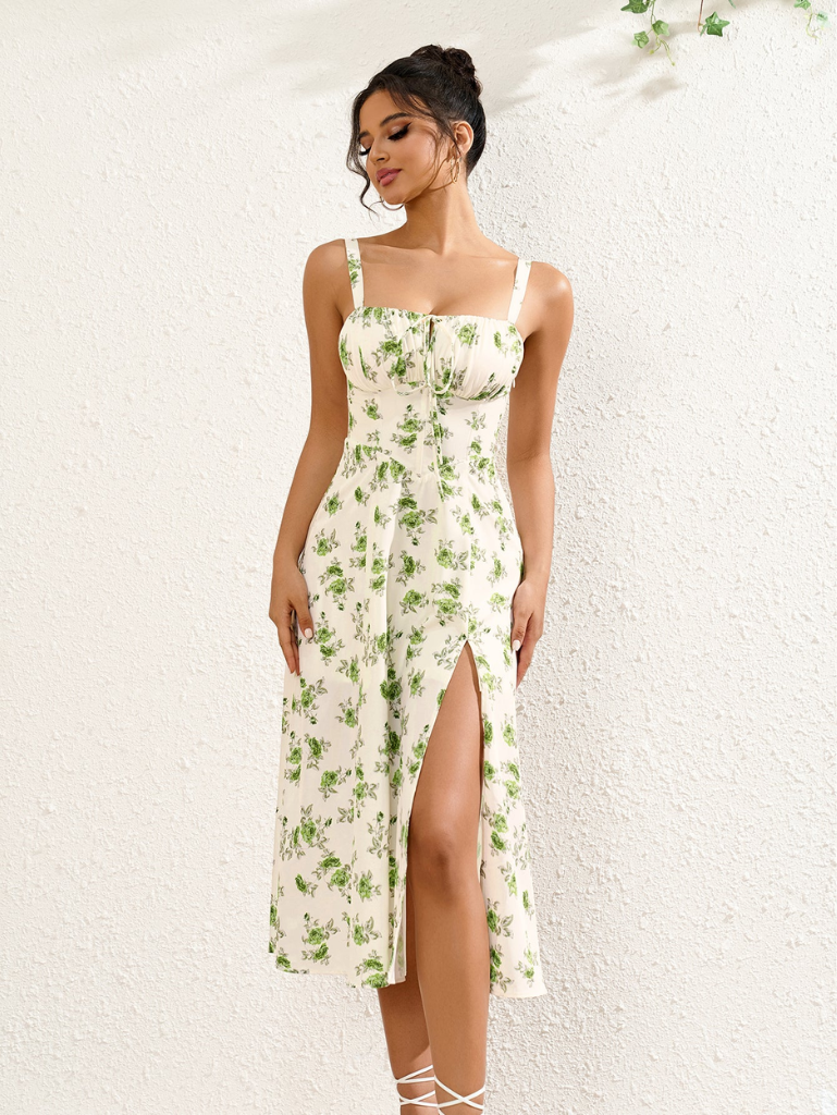 Floral Ruched Bust Split Thigh Cami Dress