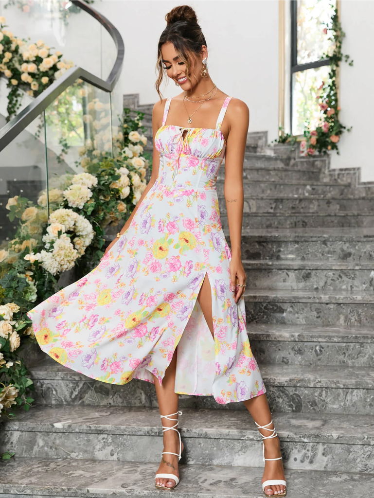 Floral Ruched Bust Split Thigh Cami Dress