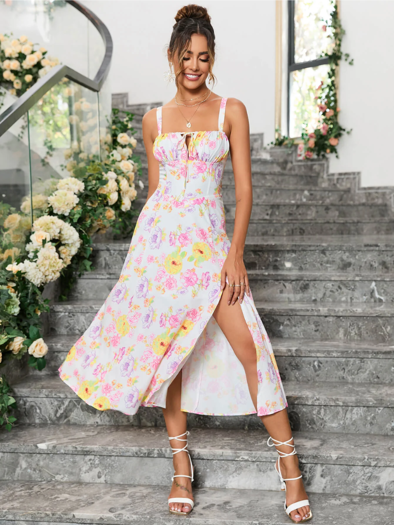 Floral Ruched Bust Split Thigh Cami Dress
