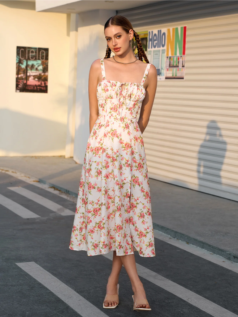 Floral Ruched Bust Split Thigh Cami Dress