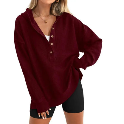 Adorella™ Oversized V-Neck Button-Up Sweatshirt