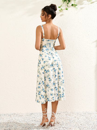 Floral Ruched Bust Split Thigh Cami Dress