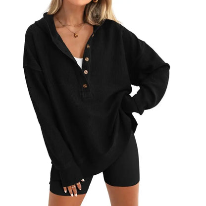 Adorella™ Oversized V-Neck Button-Up Sweatshirt