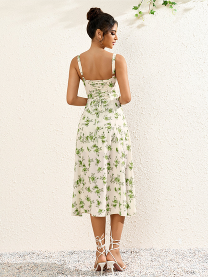 Floral Ruched Bust Split Thigh Cami Dress