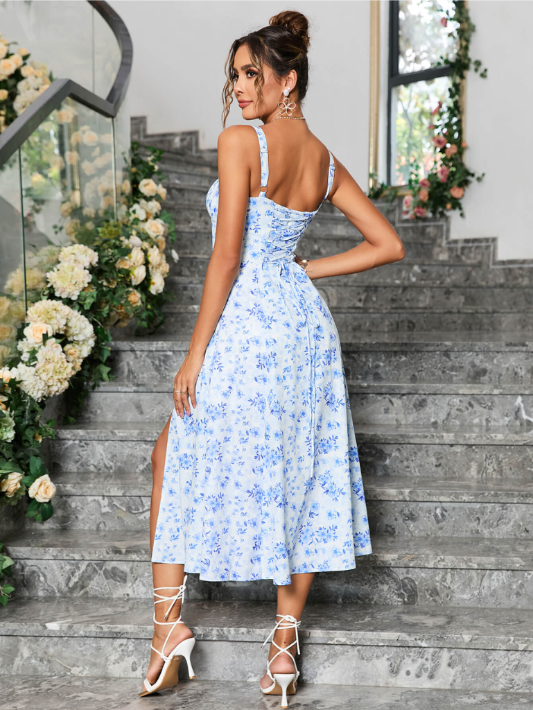 Floral Ruched Bust Split Thigh Cami Dress