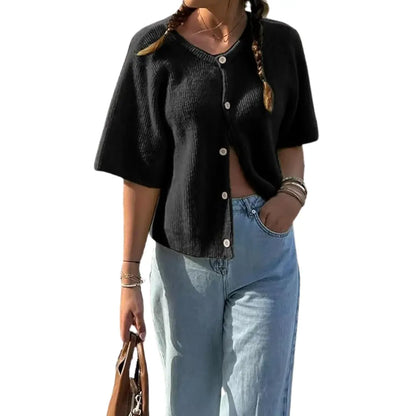 Adorella™ Short Sleeve Button-Up Knit Cardigan