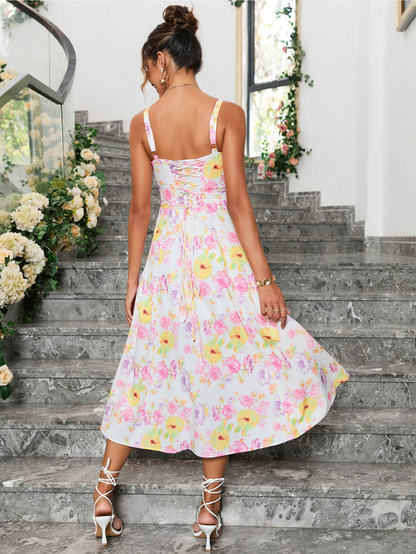 Floral Ruched Bust Split Thigh Cami Dress