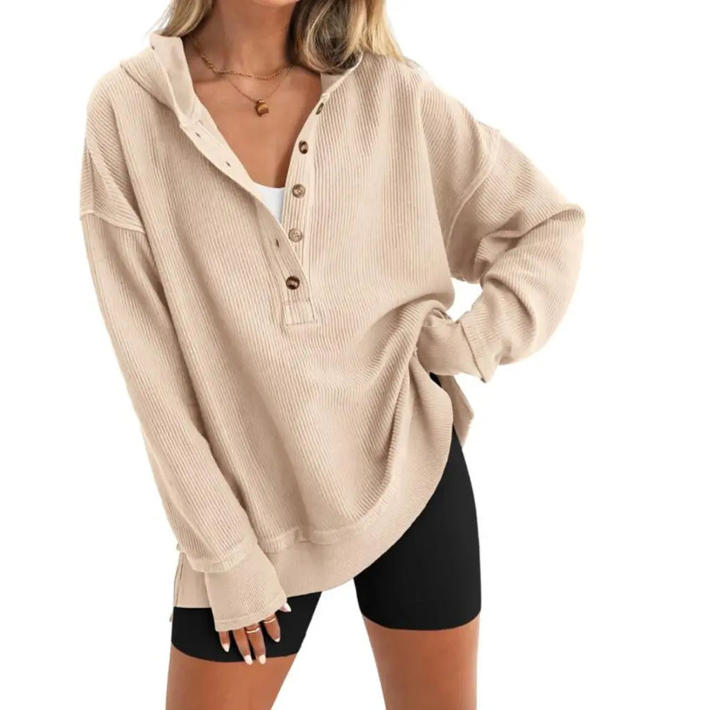 Adorella™ Oversized V-Neck Button-Up Sweatshirt