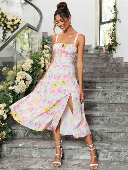 Floral Ruched Bust Split Thigh Cami Dress