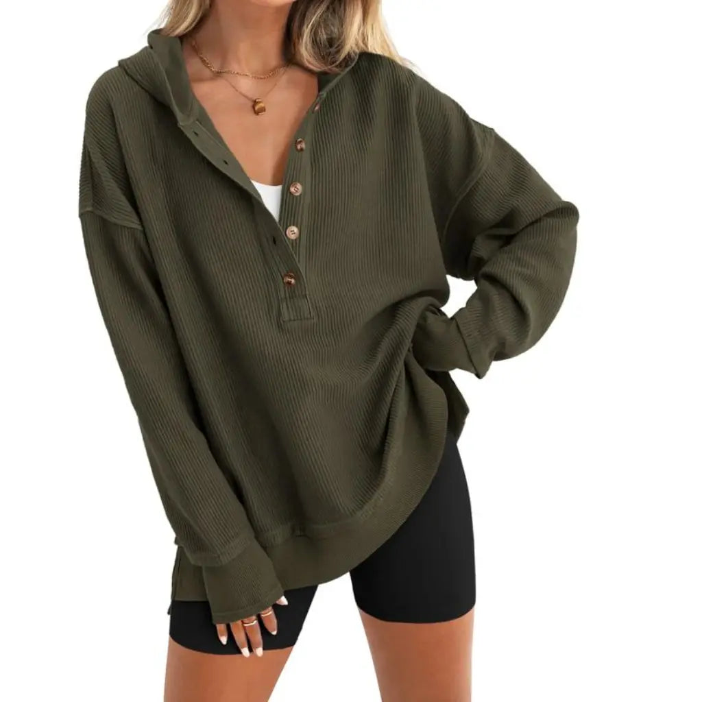 Adorella™ Oversized V-Neck Button-Up Sweatshirt