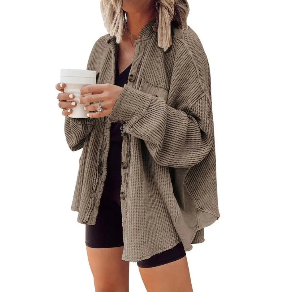 Adorella™ Waffle Knit Button Down Shacket