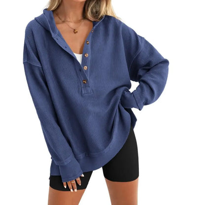 Adorella™ Oversized V-Neck Button-Up Sweatshirt