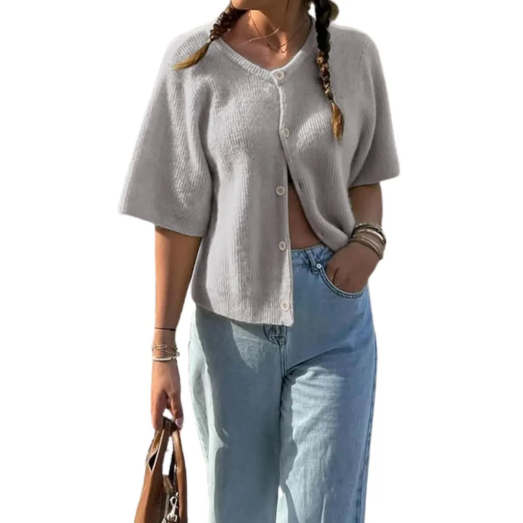 Adorella™ Short Sleeve Button-Up Knit Cardigan