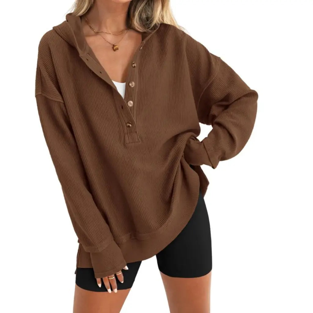 Adorella™ Oversized V-Neck Button-Up Sweatshirt