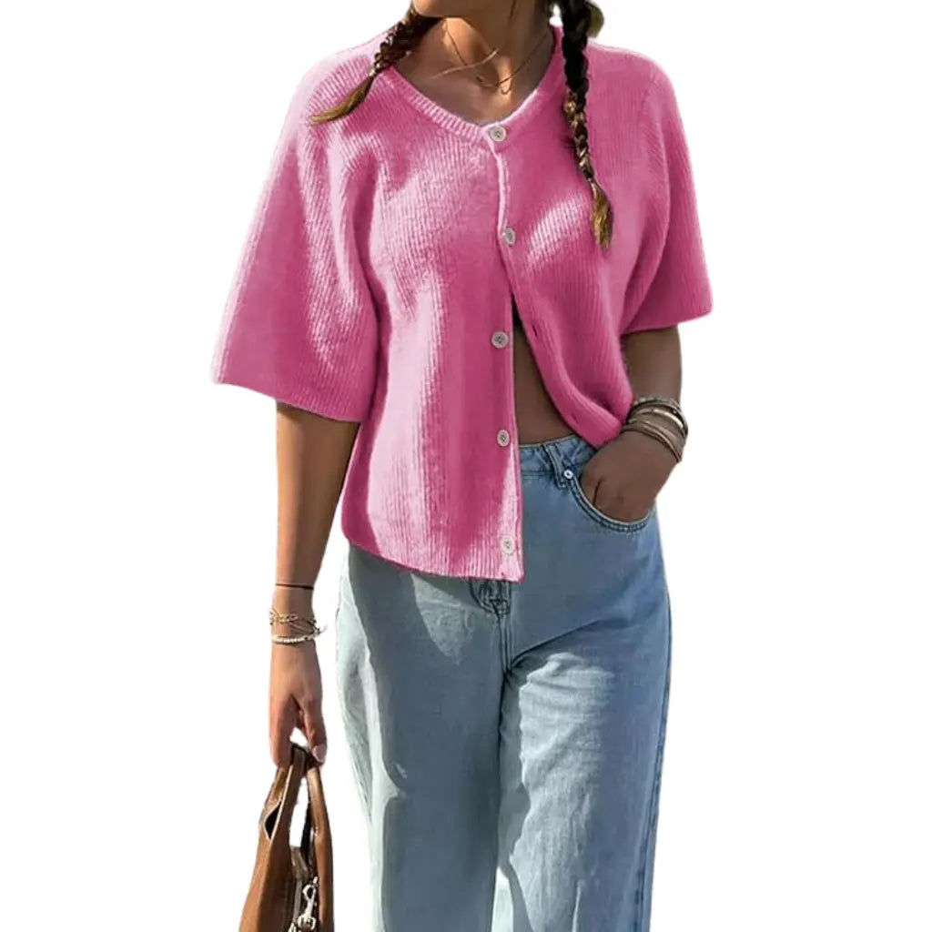 Adorella™ Short Sleeve Button-Up Knit Cardigan