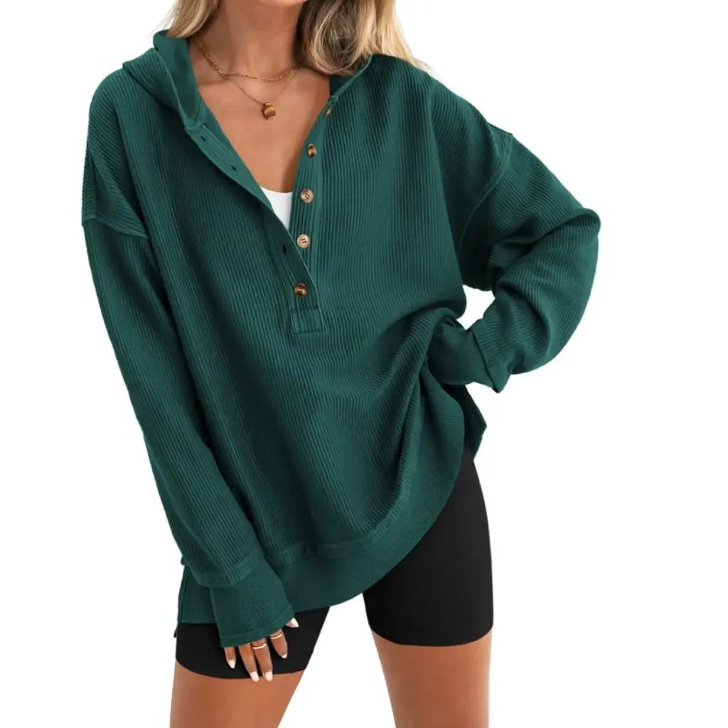 Adorella™ Oversized V-Neck Button-Up Sweatshirt