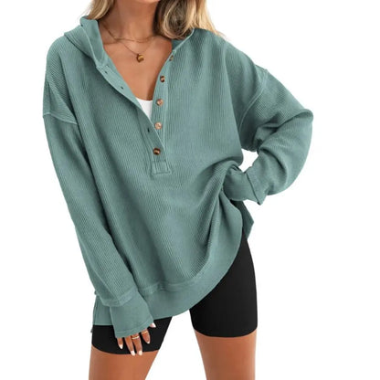 Adorella™ Oversized V-Neck Button-Up Sweatshirt